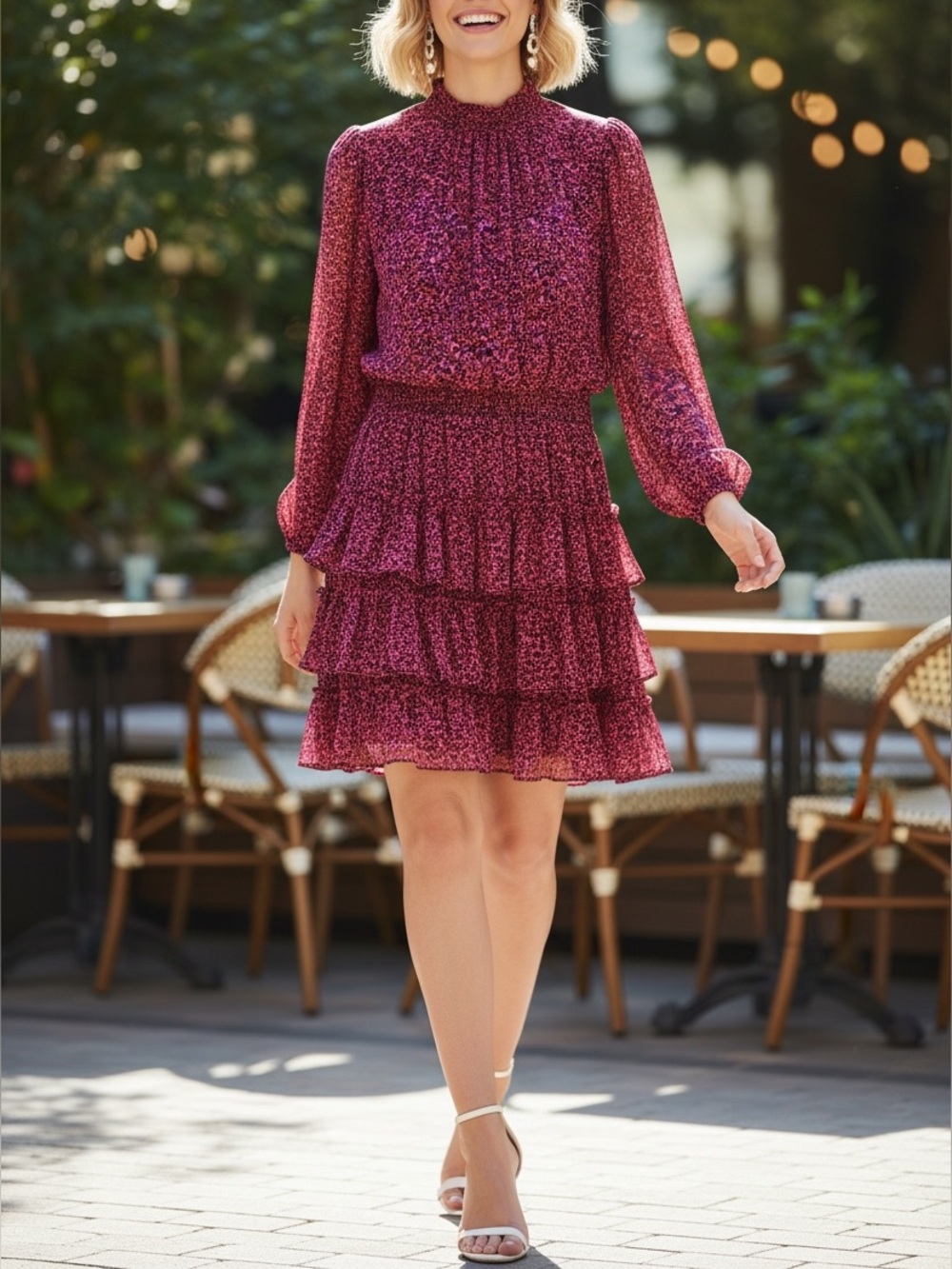 Sam and Jess Tiered Smocked Long-Sleeve Floral Dress in Magenta Size L